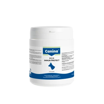Weißes Canina-Glas 'Dog Immun Protect' Nahrungsergänzung für Hunde, blaues Hundesilhouette, Etiketttext 'Canina' und 'Für Hunde'.