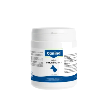 Weißes Canina-Glas 'Dog Immun Protect' Nahrungsergänzung für Hunde, blaues Hundesilhouette, Etiketttext 'Canina' und 'Für Hunde'.