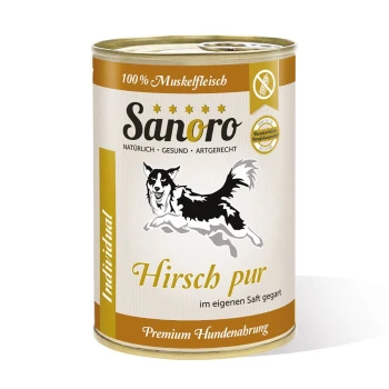 Dose Sanoro Hundefutter mit einer Grafik eines springenden Hundes, beschriftet mit "Hirsch pur" und "100% Muskelfleisch" sowie "Premium Hundenahrung."