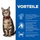 Eine getigerte Katze mit grünen Augen und einem roten Halsband sitzt vor einem blauen Hintergrund mit Text über die Vorteile von Tiernahrung wie Vitaminen und Taurin.