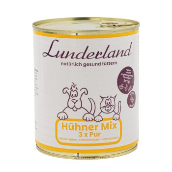 Dosenfutter für Hunde mit der Aufschrift 'boos Hühner-Mix' auf weißem Hintergrund mit orangefarbenen Akzenten, das anzeigt, dass es sich um ein Ergänzungsfutter für Hunde handelt.
