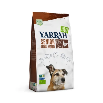 Yarrah Senior Hundefutterbeutel, mit "BIO"-Label, 25% Protein, 10% Fett, mit Illustrationen der Zutaten und einer Hundesilhouette.
