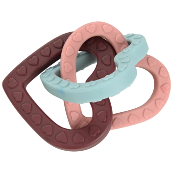 Three colorful pet chew toys intertwined, featuring heart patterns in maroon, pink, and light blue.