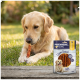 Golden retriever kauwt op een gedraaide vleessnack op het gras naast verpakkingen met de tekst 'PREMIERE. I ♥ my dog' en 'Chew Snack Rolls'.