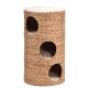 Geflochtener Haustierturm mit drei runden Öffnungen und einem weichen Oberkissen, ideal für Katzen zum Spielen und Ausruhen.