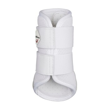 Weißer Netz- und Lederpferdeschuh mit verstellbaren Riemen, mit einem Logo-Tag, entworfen für Schutz und Unterstützung.