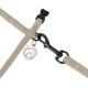 A close-up of a beige pet leash featuring a black clip and a silver charm with a paw print design.