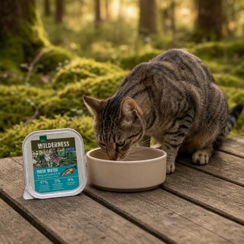 Chat tigré buvant dans un bol beige sur une terrasse en bois en extérieur, à côté d'un plateau de nourriture pour chats adultes Wilderness Fresh Water. – Généré par IA