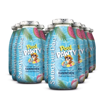 Summer Edition Pool Pawty 12x250 g Flaschen mit den Aufschriften „Pool PAWTY“ und „SMOOTHIEDOG“ mit einem Comic-Hund auf einem Schwimmring; Text „Fleischiger Snack mit KANINCHEN“.
