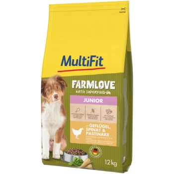 12 kg bag of MultiFit Farmlove junior dog food, featuring a brown and white puppy and highlighting poultry, spinach, and parsnip.