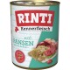 Dosenfutter für Hunde mit dem Etikett "RINTI Kennerfleisch mit PANSEN - getreidefrei", das Bilder von verschiedenen Fleischsorten und Pansen auf dem Etikett zeigt.