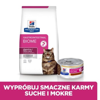 Opakowanie i puszka karmy Hill's Prescription Diet Gastrointestinal Biome z pręgowanym kotem; polski pasek informacyjny zachęca do wypróbowania karmy suchej i mokrej.