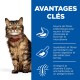 Un chat tigré brun duveteux avec des yeux verts et un collier rouge est assis à côté d'un panneau bleu énumérant les bienfaits pour la digestion et la santé de la peau.