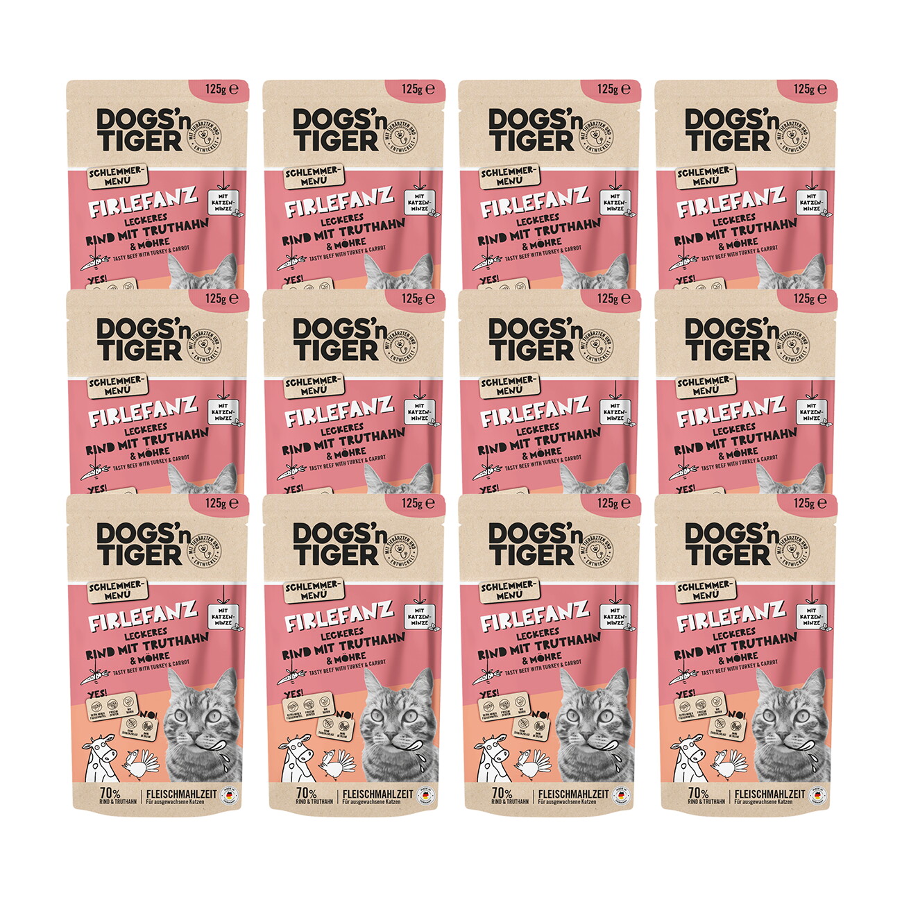 Dogs'n Tiger Adult Nassfutter Katze, Firlefanz, Rind, Truthahn & Möhre, 12x 125g