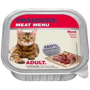 Meat Menu Adult Rind 16x100 g Eine Katzenfutterverpackung mit einem Bengal-Katze auf der Vorderseite, beschriftet mit "Premiere Meat Menu" und "100% Frisches Fleisch" sowie "Erwachsene" deutlich angezeigt.