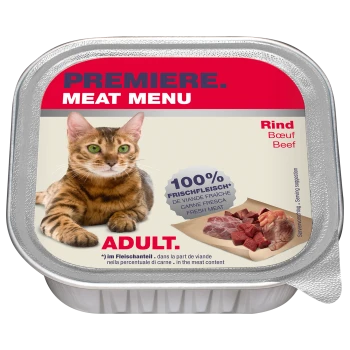 Eine Katzenfutterverpackung mit einem Bengal-Katze auf der Vorderseite, beschriftet mit "Premiere Meat Menu" und "100% Frisches Fleisch" sowie "Erwachsene" deutlich angezeigt.