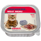 Eine Katzenfutterverpackung mit einem Bengal-Katze auf der Vorderseite, beschriftet mit "Premiere Meat Menu" und "100% Frisches Fleisch" sowie "Erwachsene" deutlich angezeigt.