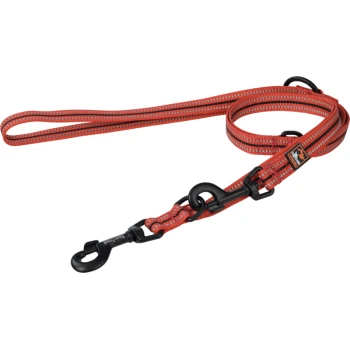 Laisse de chien rouge et noire avec des coutures réfléchissantes et un clip robuste, conçue pour la sécurité et la durabilité.