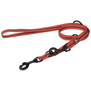 Red and black dog leash with reflective stitching and a sturdy clip, designed for safety and durability.