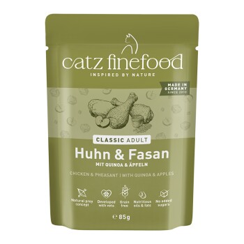 Pochette de nourriture pour chat Catz Finefood Classic Adult, poulet & faisan avec quinoa & pommes, sans céréales, 85g, fabriquée en Allemagne.