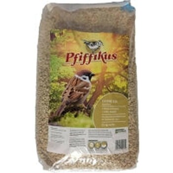 Tüte Vogelfutter mit Aufschrift 'Pfiffikus', zeigt einen Spatz auf einem Etikett mit Waldhintergrund.