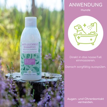 Anti-Juckreiz-Shampoo für Hunde in einer weißen Flasche, mit Anwendungshinweisen und einem badenden Hund-Icon auf lila Hintergrund.