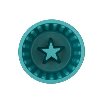 Eine türkisfarbene Futterschüssel mit einem sternförmigen Design in der Mitte und strukturierten Kanten für besseren Halt.