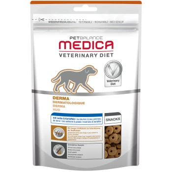 PetBalance Medica Derma Snacks für Hunde, mit einer grauen Hundesilhouette und Hervorhebung von Lachs, Kartoffeln, Omega-3-Fettsäuren und getreidefreier Formel.