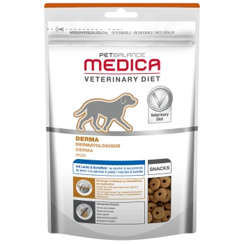 PetBalance Medica Derma Snacks für Hunde, mit einer grauen Hundesilhouette und Hervorhebung von Lachs, Kartoffeln, Omega-3-Fettsäuren und getreidefreier Formel.