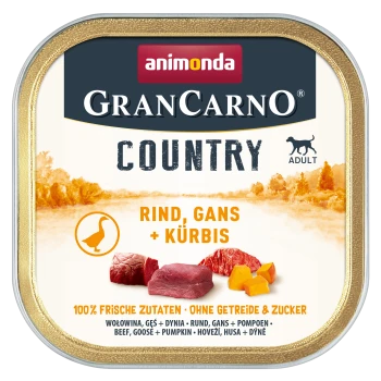 Animonda GranCarno Country Tierfutterdose mit der Aufschrift "Rind, Gans + Kürbis" mit "100% frischen Zutaten, keine Körner & Zucker."