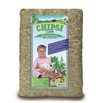 Sack Chipsi Clean Hanf-Einstreu für Kleintiere, Etikett mit Kind, das ein Kaninchen hält, und anderen Kleintieren, 3 kg/30 L