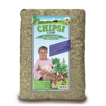 Sack Chipsi Clean Hanf-Einstreu für Kleintiere, Etikett mit Kind, das ein Kaninchen hält, und anderen Kleintieren, 3 kg/30 L