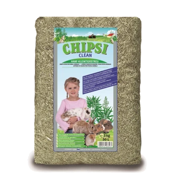 Sack Chipsi Clean Hanf-Einstreu für Kleintiere, Etikett mit Kind, das ein Kaninchen hält, und anderen Kleintieren, 3 kg/30 L