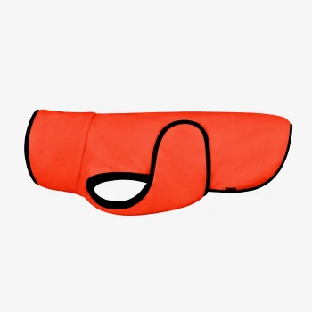 Helle orangefarbene Hundejacke mit schwarzem Rand, mit einem Loch für den Kopf des Hundes und einer engen Passform für Wärme.