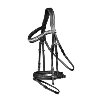 Schwarzes Leder-Haustiergeschirr mit einem dekorativen Strassstreifen, ausgestattet mit mehreren verstellbaren Riemen und Schnallen.