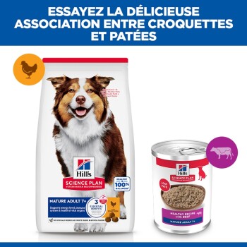 Sac de croquettes Hill's Science Plan Mature Adult 7+ et boîte de pâté en terrine au bœuf ; titre en français 'ESSAYEZ LA DÉLICIEUSE...'