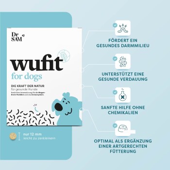 Verpackung für "wufit für Hunde" von Dr. SAM, mit Vorteilen wie der Förderung der Darmgesundheit, Unterstützung der Verdauung und chemiefreier Hilfe.