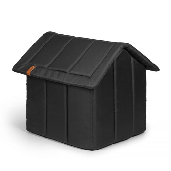Schwarzes Haustierhaus mit gepolstertem Dach und Wänden, das ein einfaches Design und ein kleines oranges Etikett an der Seite aufweist.