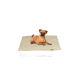 Ein kleiner brauner Hund liegt auf einem weichen, beigen Haustierbett und zeigt Komfort und Entspannung.