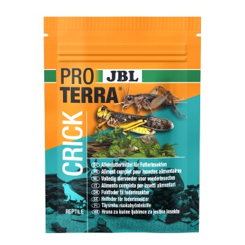 Eine lebendige orange und türkisfarbene Verpackung für JBL Pro Terra Crick, ein All-in-One-Futter für Futterinsekten, mit Bildern von Grillen und Heuschrecken.
