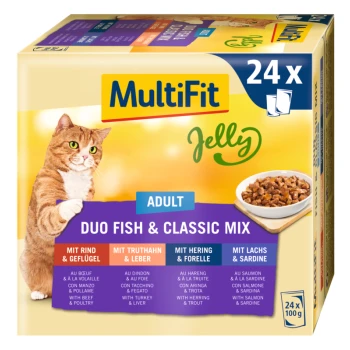 Eine Box mit MultiFit Jelly Katzenfutter mit einer roten Katze, beschriftet "ADULT DUO FISH & CLASSIC MIX" in mehreren Sprachen.