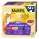 Eine Box mit MultiFit Jelly Katzenfutter mit einer roten Katze, beschriftet "ADULT DUO FISH & CLASSIC MIX" in mehreren Sprachen.