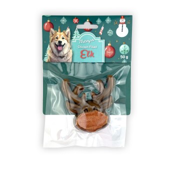 Thempa Chicken Filled Elk dog treat, 50g, with festive packaging featuring a happy dog and holiday ornaments.