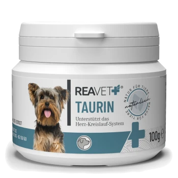Behälter mit REAVET+ Taurin für Hunde, 100g, mit einem Yorkshire Terrier auf dem Etikett und dem Text "Unterstützt das Herz-Kreislauf-System."