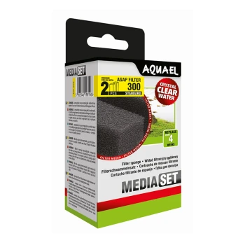 Aquael Media Set packaging featuring two black filter sponges for ASAP Filter 300, labeled "Crystal Clear Water" and "Replace every 4 weeks."