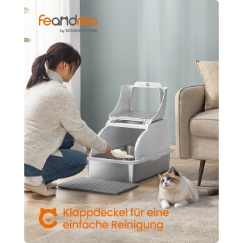 Frau schaufelt eine graue geschlossene Katzentoilette, Katze in der Nähe; sichtbarer Text 'feandrea' und 'Klappdeckel...'.