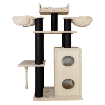 Katzenbaum mit mehreren Ebenen, zwei hängenden Betten, Kratzpfosten und einem würfelförmigen Versteck, alles in einer cremefarbenen und schwarzen Farbgestaltung.