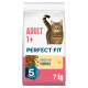 Sac de nourriture pour chats Perfect Fit 7 kg montrant un chat tigré ; texte : 'ADULT 1+', 'PERFECT FIT', 'REICH AN HUHN', 'TOTAL 5 FORMULA'.