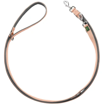 Eine stilvolle Hundeleine mit einem pinken und grauen Design, mit einem stabilen Metallclip und einem Schlaufenhandgriff für einen einfachen Griff.