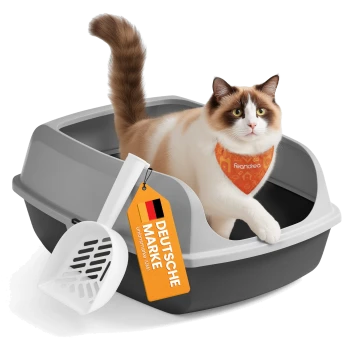 Katze, die in eine graue Katzentoilette mit weißer Schaufel und einem orangefarbenen Anhänger mit der Aufschrift „DEUTSCHE MARKE“ steigt.